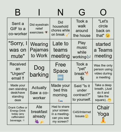 Remote Work Bingo Card