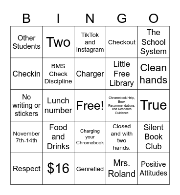 7th Grade Blazer Library Orientation BINGO Card