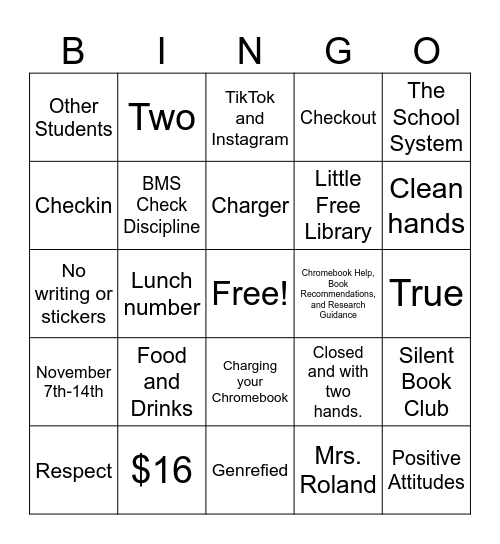 7th Grade Blazer Library Orientation BINGO Card