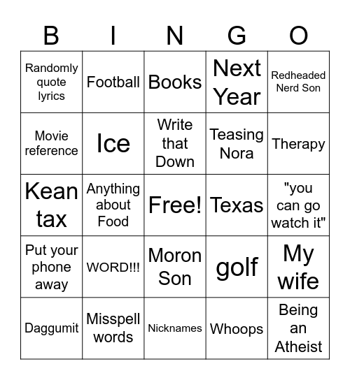 Coach Kean Bingo Card