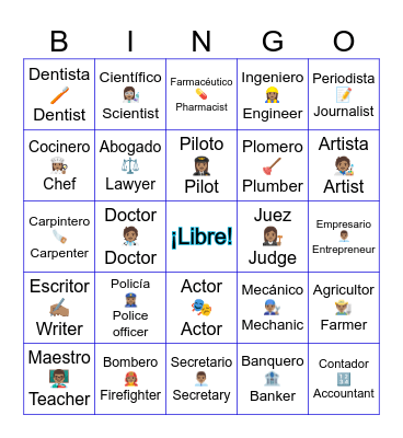 Professions: Profesiones Bingo Card