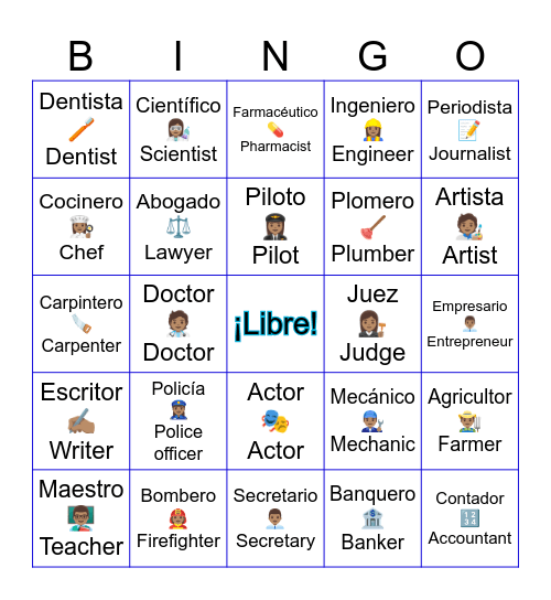 Professions: Profesiones Bingo Card