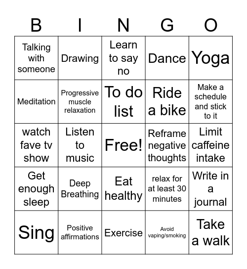 Coping Skills Bingo Card