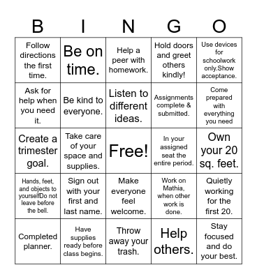 Study Center Bingo Card