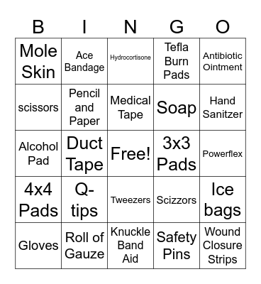 First Aid Kit Supplies Bingo Card