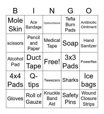 First Aid Kit Supplies Bingo Card
