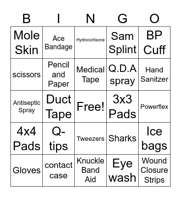 First Aid Kit Supplies Bingo Card