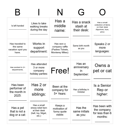Employee Bingo Card