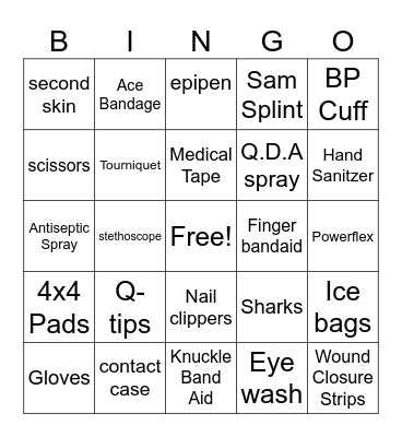 First Aid Kit Supplies Bingo Card
