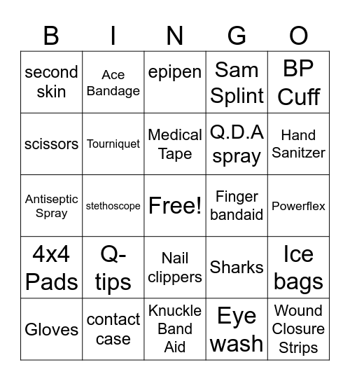 First Aid Kit Supplies Bingo Card