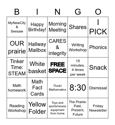 Welcome to Second Grade! Bingo Card