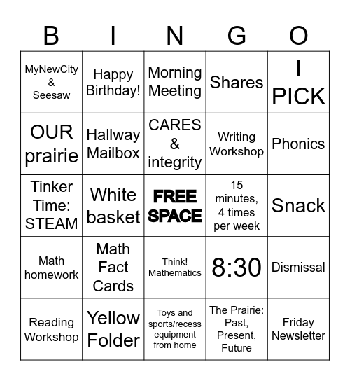 Welcome to Second Grade! Bingo Card