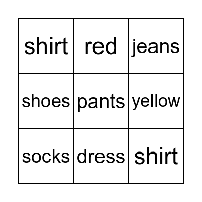 Clothes and Colors Bingo Card