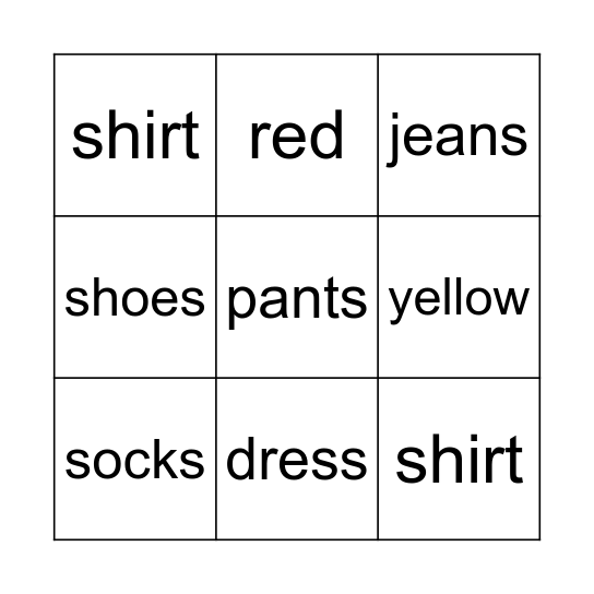 Clothes and Colors Bingo Card