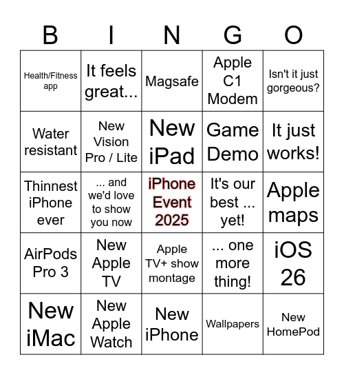 iPhone Event Sept 2025 Bingo Card