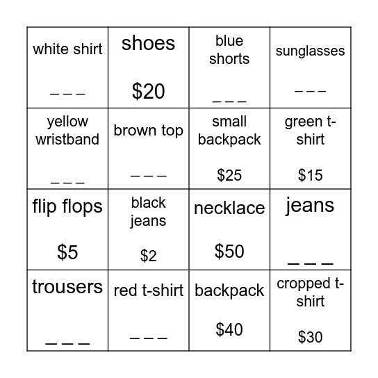 How much for the _ _ _ _ _? Bingo Card