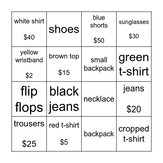 How much for the _ _ _ _ _? Bingo Card