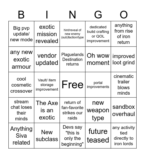 Destiny 2 Renegade & ash and iron dev stream Bingo Card