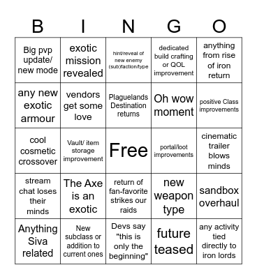 Destiny 2 Renegade & ash and iron dev stream Bingo Card