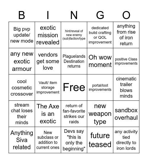 Destiny 2 Renegade & ash and iron dev stream Bingo Card