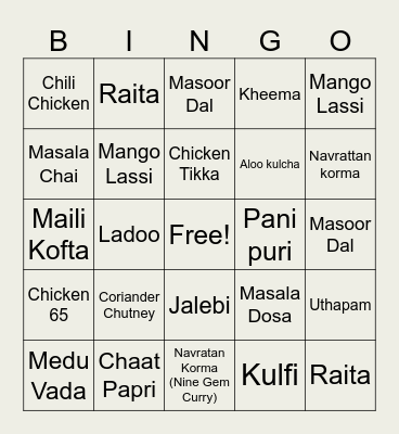 Indian Food Bingo Card