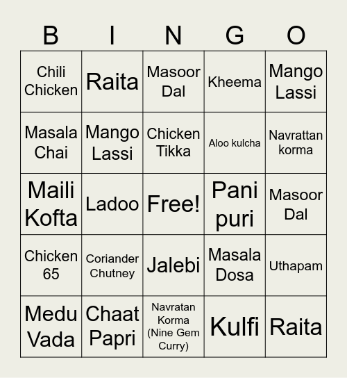Indian Food Bingo Card