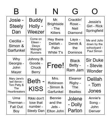 Songs with names in the title Bingo Card