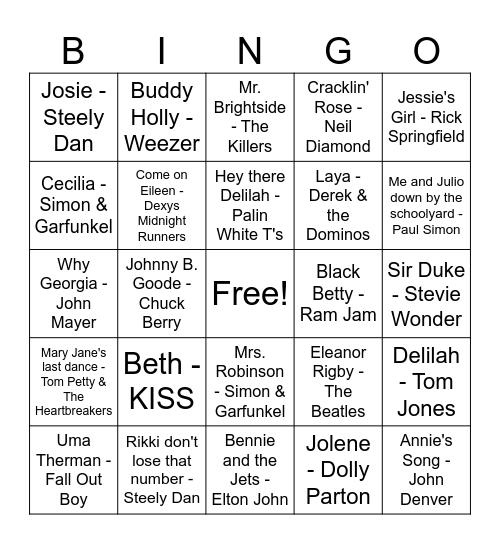 Songs with names in the title Bingo Card