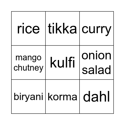Indian Food Bingo Card