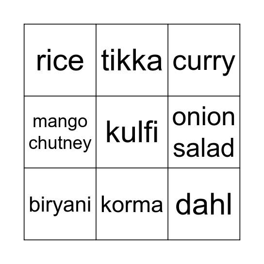 Indian Food Bingo Card