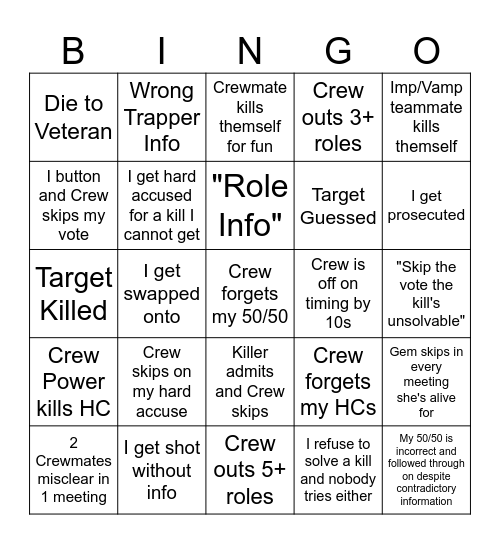 Humong Us Throws Bingo Card
