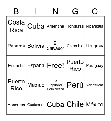 Spanish Countries Bingo Card