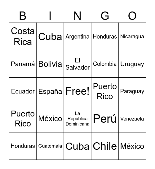 Spanish Countries Bingo Card