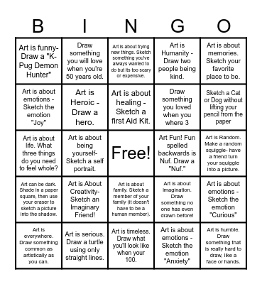 What is Art?  Art is about.... Bingo Card
