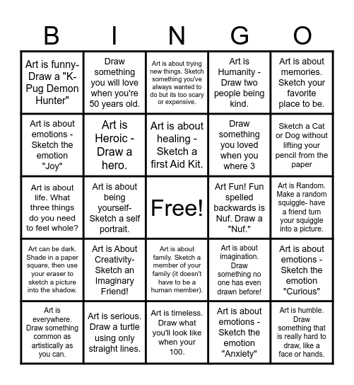 What is Art?  Art is about.... Bingo Card