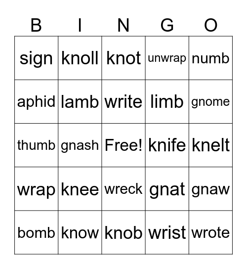 Silent Sounds Review Bingo Card