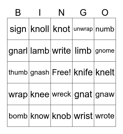 Silent Sounds Review Bingo Card