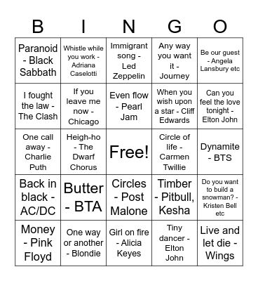 Random Songs Bingo Card