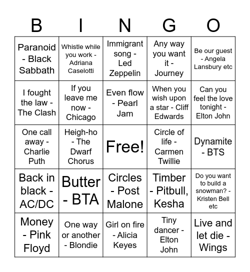 Random Songs Bingo Card