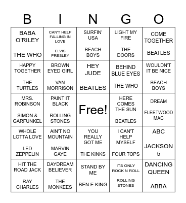 THE 1960's & 1970's Bingo Card