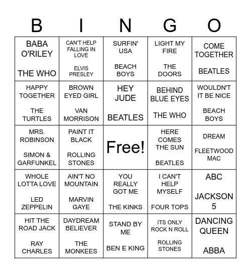 THE 1960's & 1970's Bingo Card