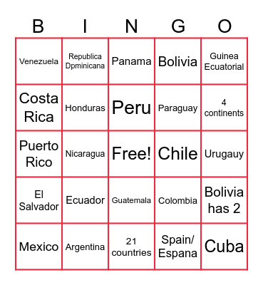 Spanish Speaking Countries Bingo Card