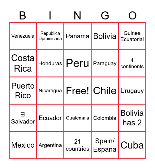 Spanish Speaking Countries Bingo Card