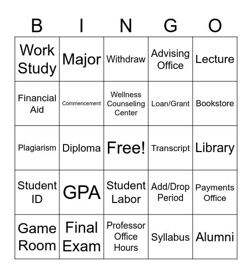 Campus Lingo Bingo Card