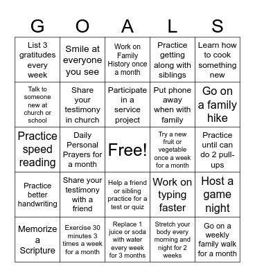 Personal Development BINGO GOALS Bingo Card