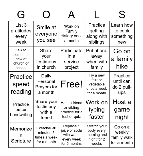 Personal Development BINGO GOALS Bingo Card