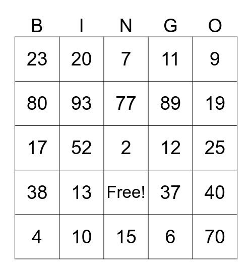 Los Números Bingo Card