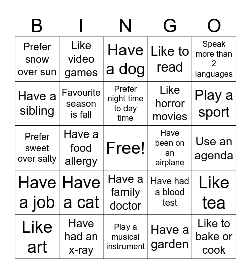 Icebreaker Bingo Card