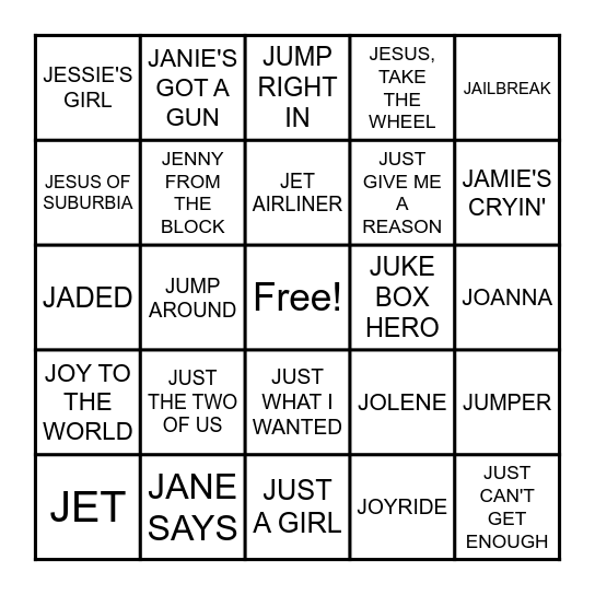Songs That Start With "J" Bingo Card