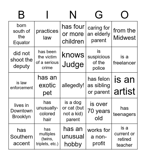 JURY SELECTION BINGO Card